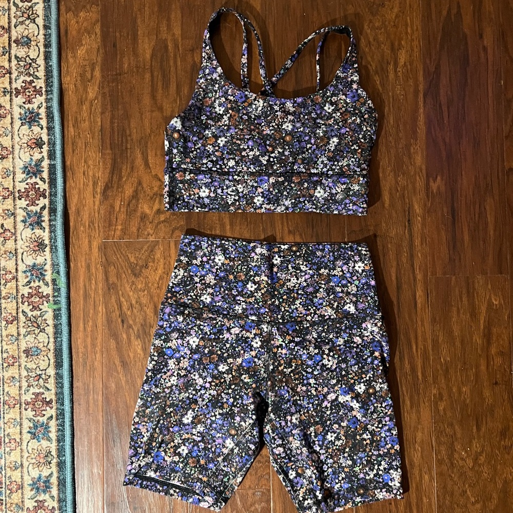 Lululemon Athletica Floral Sports Bra and Shorts Set - Black and Blue